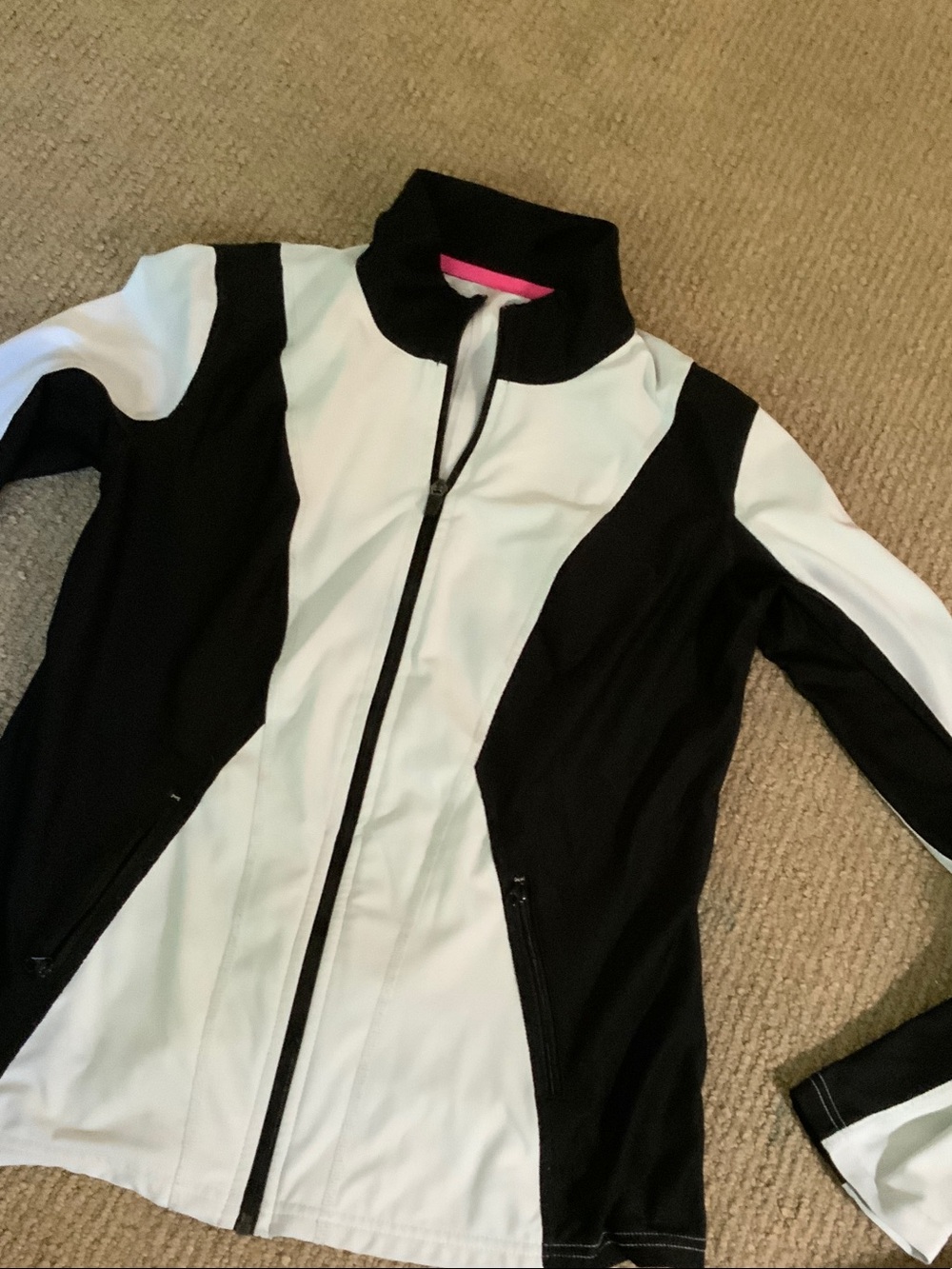 Xersion Black and White Zip Front Athletic Jacket with Pink Trim